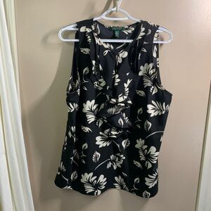 Lauren Ralph Lauren Black White Floral Ruffle Front Sleeveless Blouse XL